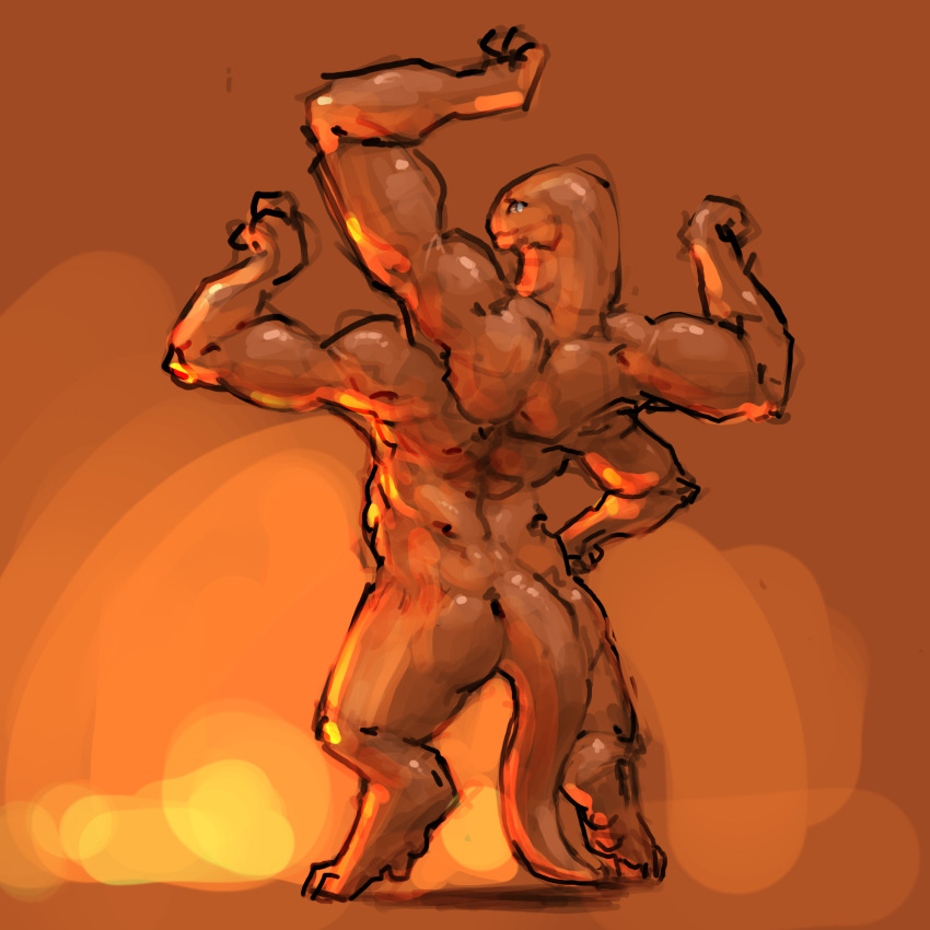 1:1 4_arms alien ambiguous_gender flexing glistening glistening_body hi_res humanoid looking_at_viewer looking_back looking_back_at_viewer meandraco multi_arm multi_limb muscular nude rear_view solo standing tail thick_tail