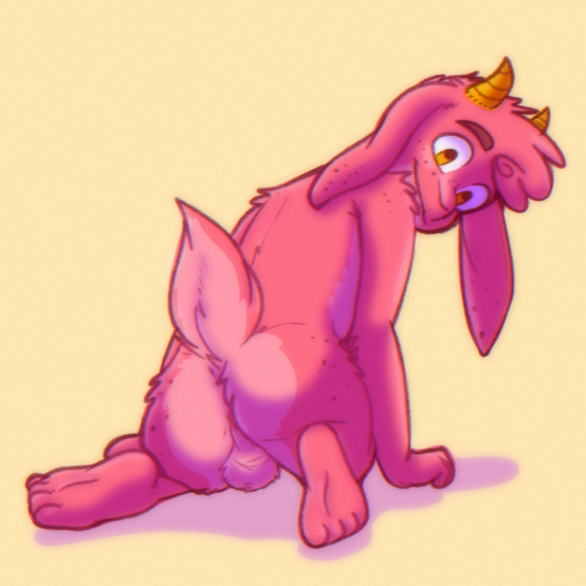 1:1 anthro anus backsack balls big_butt bovid butt caprine digital_media_(artwork) floppy_ears fur genitals goat hi_res horn looking_at_viewer looking_back male mammal multicolored_body multicolored_fur nude presenting presenting_anus presenting_hindquarters red_body red_fur simple_background smile solarlewds solo spreading tail two_tone_body two_tone_fur yellow_eyes