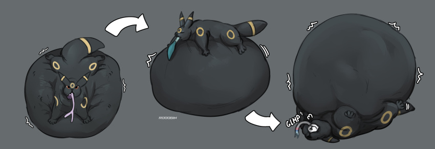 absurd_res ambiguous_gender artist_name belly big_belly black_body blue_tail eeveelution espeon eyes_closed feral generation_2_pokemon generation_4_pokemon generation_6_pokemon glaceon grey_background group hi_res huge_belly hyper hyper_belly in_mouth lying markings motion_lines nintendo on_back on_front oral_vore orange_eyes pokemon pokemon_(species) purple_tail quadruped roobin same_size_vore simple_background sylveon tail umbreon vore yellow_markings