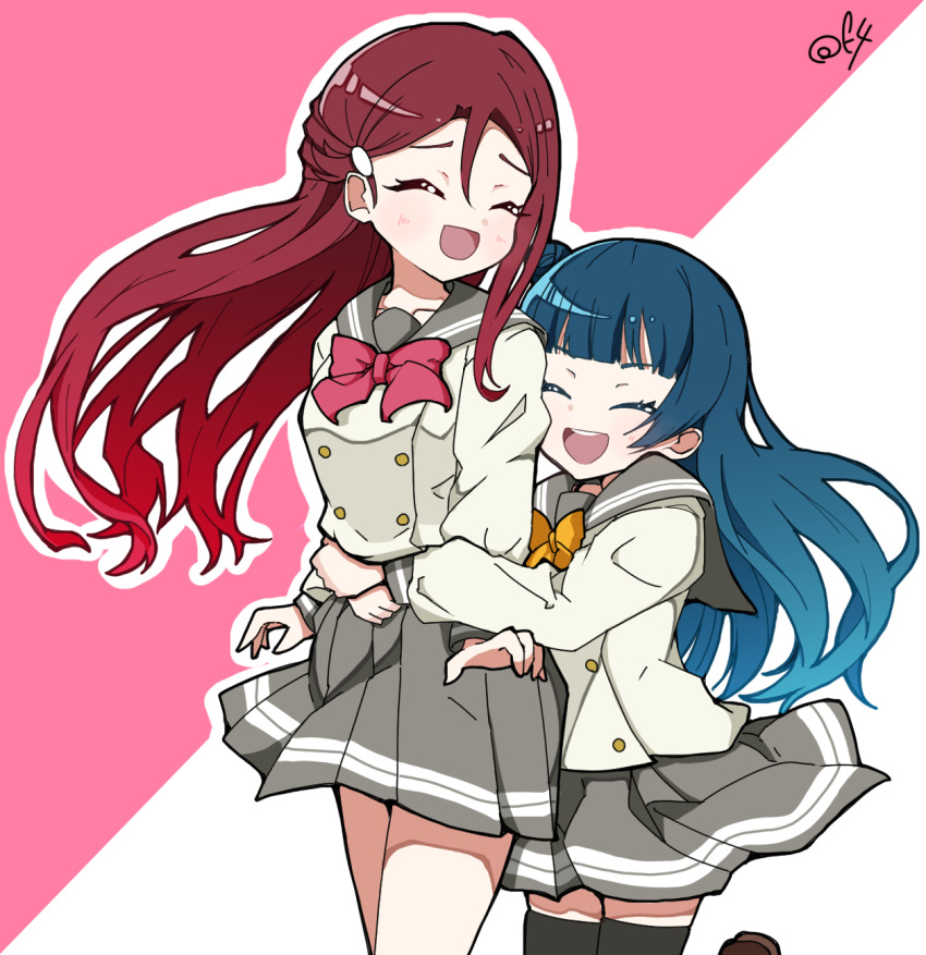 2girls arms_at_sides bangs black_thighhighs blue_hair bow brown_footwear buttons closed_eyes commentary double-breasted feet_out_of_frame floating_hair gradient_hair grey_sailor_collar grey_skirt hair_between_eyes hair_bun hair_ornament half_updo highres hug hug_from_behind long_hair love_live! love_live!_sunshine!! multicolored_hair multiple_girls oofushi_ao open_mouth outline pink_background pleated_skirt red_bow red_hair sailor_collar sakurauchi_riko school_uniform serafuku single_hair_bun skirt sleeve_cuffs smile thighhighs tsushima_yoshiko two-tone_background white_background white_outline winter_uniform yellow_bow