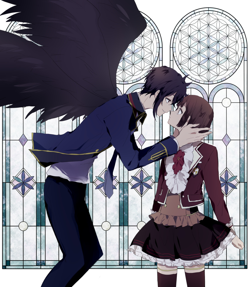 1boy 1girl black_hair black_wings blazer blue_jacket brown_eyes brown_hair collared_shirt dance_with_devils facing_another fallen_angel feathered_wings hetero highres jacket long_sleeves natsumezaka_shiki pants shirt skirt skunlv stained_glass tachibana_ritsuka white_shirt wings