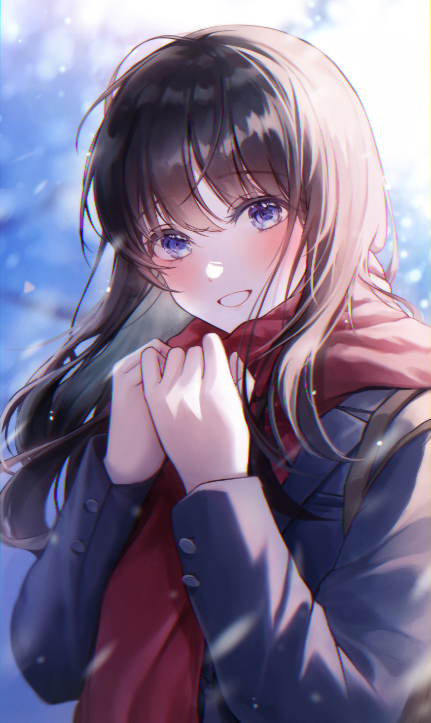 1girl absurdres bangs blue_background blue_coat blue_eyes blurry blurry_background blush brown_hair clenched_hand coat day highres long_hair looking_at_viewer open_mouth original outdoors red_scarf scarf sidelocks smile snow snowing solo standing sunlight teeth upper_body winter winter_clothes youwon0417