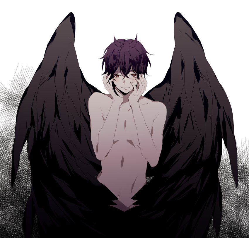 1boy absurdres black_background black_hair black_wings blush brown_eyes closed_mouth completely_nude dance_with_devils fallen_angel head_rest highres male_focus multicolored_background natsumezaka_shiki nude short_hair skunlv smile solo white_background wings
