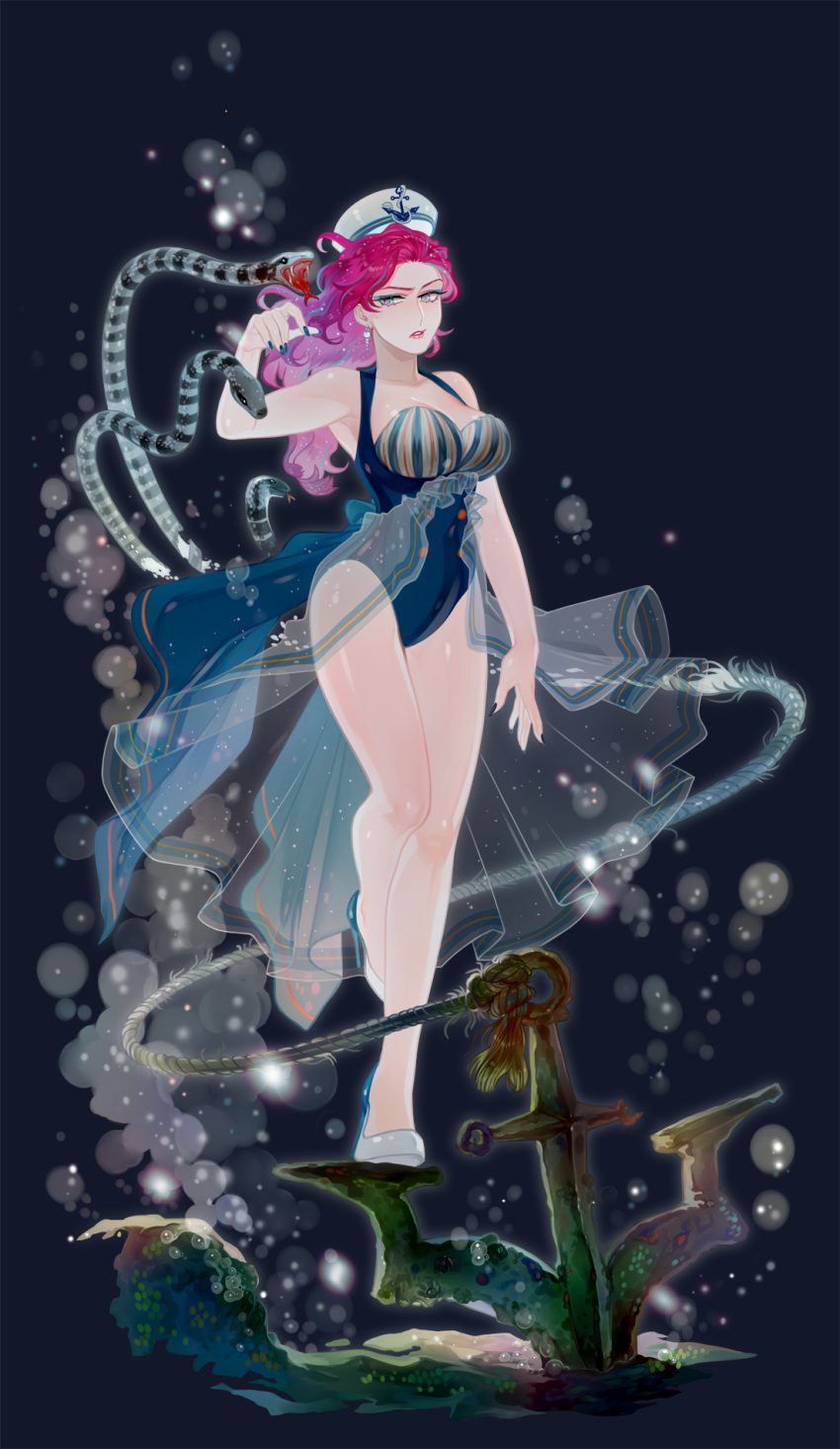 1girl air_bubble anchor barnacle blue_background blue_nails breasts bubble cleavage earrings eyeshadow full_body grey_eyes hat high_heels highres jewelry large_breasts leotard long_hair makeup nail_polish orangekira original parted_lips pink_hair rope sailor_hat snake solo standing standing_on_one_leg underwater white_footwear