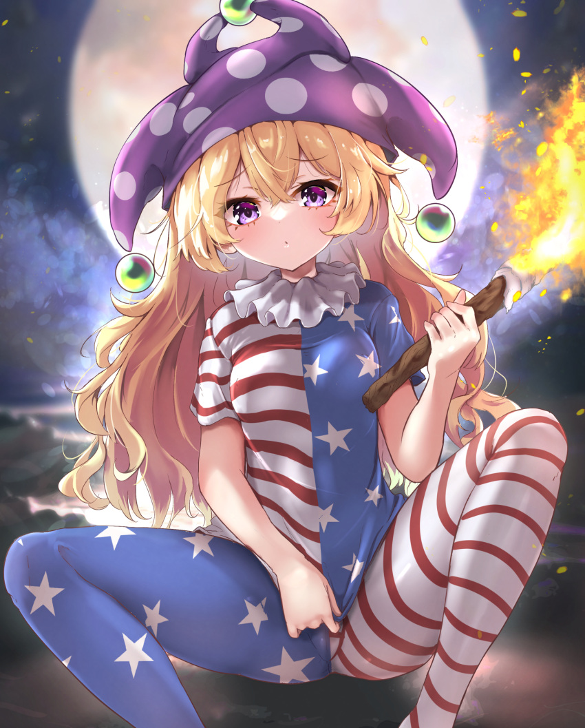 1girl american_flag_dress american_flag_legwear blonde_hair blue_pantyhose breasts clownpiece fire full_moon hat highres holding holding_torch jester_cap long_hair looking_at_viewer moon neck_ruff night outdoors pantyhose polka_dot_headwear purple_eyes purple_headwear rabittofaa short_hair sitting small_breasts solo spread_legs star_(symbol) star_print striped torch touhou wavy_hair