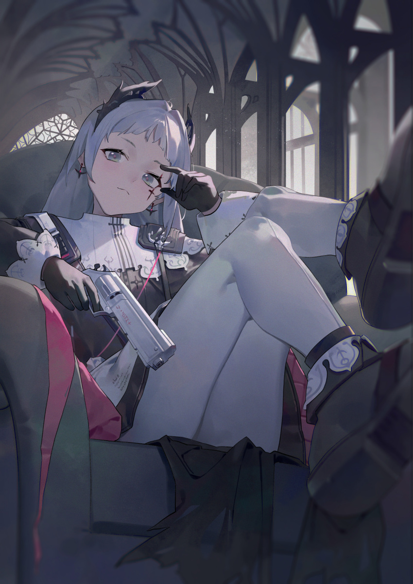 1girl absurdres arknights armchair black_dress black_footwear black_gloves boots chair closed_mouth commentary_request dress earrings foreshortening full_body gloves grey_eyes grey_hair gun hand_to_own_face hand_up head_tilt head_wings highres holding holding_gun holding_weapon irene_(arknights) jewelry legs_up long_hair long_sleeves looking_at_viewer pantyhose revolver scar scar_across_eye sitting solo two-tone_dress weapon white_dress white_pantyhose zhoi_star