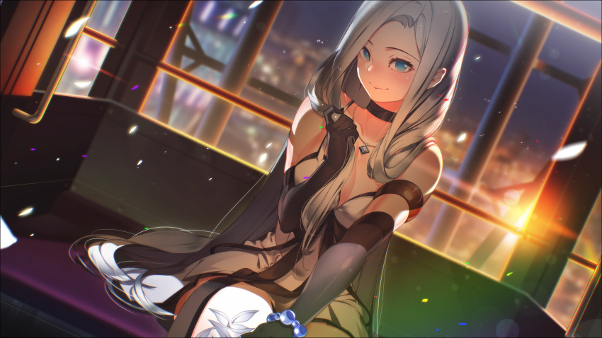 1girl absurdres black_choker black_gloves blue_eyes blush bracelet breasts choker cleavage closed_mouth dress dutch_angle elbow_gloves ferris_wheel_interior game_cg gloves grey_hair hair_over_shoulder highres holding holding_hair jewelry large_breasts long_hair miracle_snack_shop necklace official_art philia_salis short_dress sitting sleeveless sleeveless_dress smile solo very_long_hair white_dress