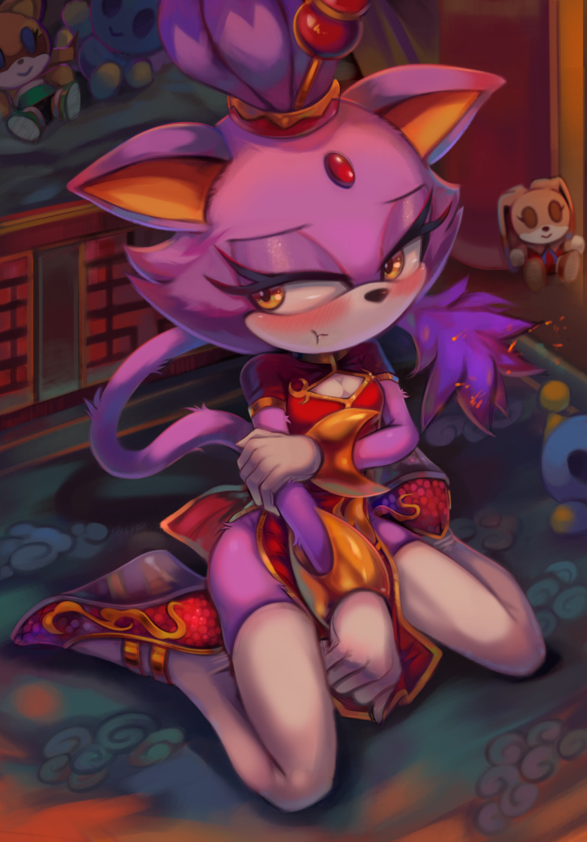 1girl :t absurdres animal_ears blaze_the_cat blush cat_ears cat_girl cat_tail chao_(sonic) character_doll china_dress chinese_clothes cleavage_cutout clothing_cutout cream_the_rabbit dress eyeshadow forehead_jewel furry furry_female hair_ornament highres indoors makeup marine_the_raccoon orange_eyes red_dress red_footwear sitting socks solo sonic_(series) tail thighhighs toasty_scones wariza white_thighhighs