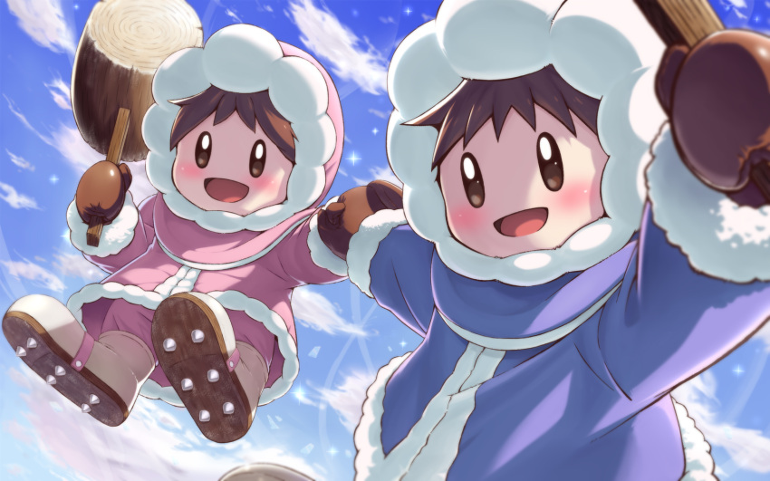 1boy 1girl :d blue_coat blue_sky blush boots brother_and_sister brown_eyes brown_footwear brown_hair brown_mittens cloud coat commentary_request day full_body fur-trimmed_coat fur-trimmed_hood fur-trimmed_sleeves fur_trim hammer highres holding holding_hammer holding_hands hood hood_up hooded_coat ice_climber imuta_(vaporization) long_sleeves looking_at_viewer mittens nana_(ice_climber) open_mouth outdoors pink_coat popo_(ice_climber) short_hair siblings sky smile spiked_footwear spikes