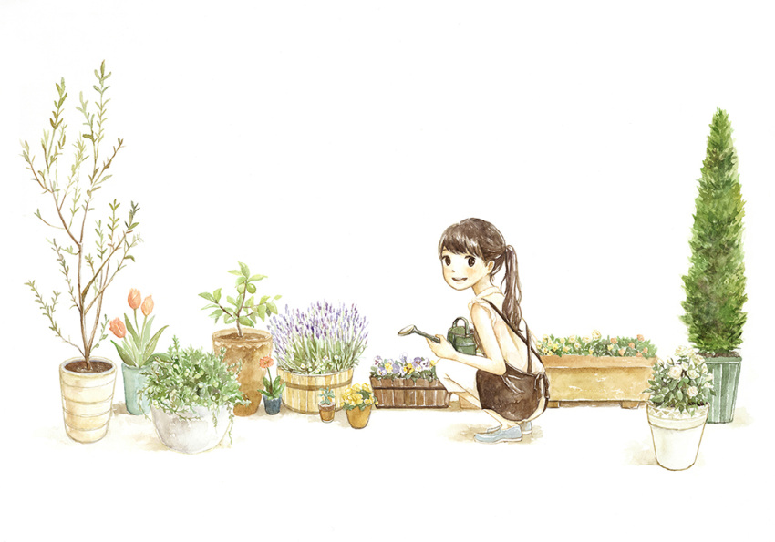 1girl bangs bare_arms blue_flower blue_footwear brown_eyes brown_hair brown_overalls casual dirt flower from_behind from_side full_body gardening holding holding_watering_can light_blush long_hair looking_to_the_side open_mouth original overalls pants plant ponytail potted_plant purple_flower red_flower red_tulip shirt simple_background sleeveless smile solo squatting swept_bangs teeth tokoyu tulip turning_head watering_can white_background white_flower white_pants white_shirt wide_shot yellow_flower