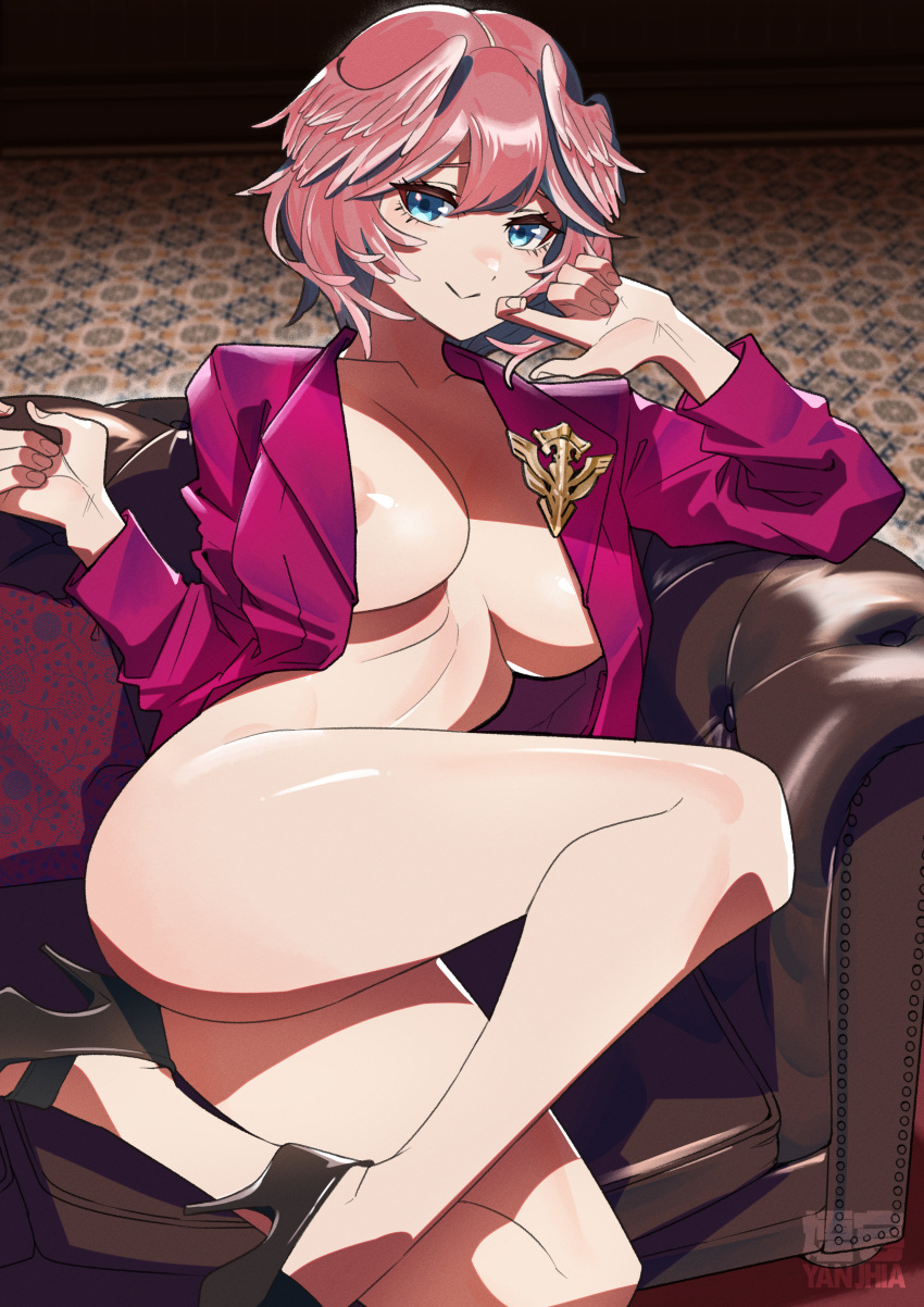 1girl :&gt; absurdres areola_slip armchair bangs blue_eyes bottomless breasts chair cleavage closed_mouth emblem gen_uma_mai head_wings high_heels highres hololive indoors jacket large_breasts long_sleeves looking_at_viewer naked_jacket open_clothes open_jacket pink_jacket red_hair short_hair signature sitting smile solo takane_lui virtual_youtuber