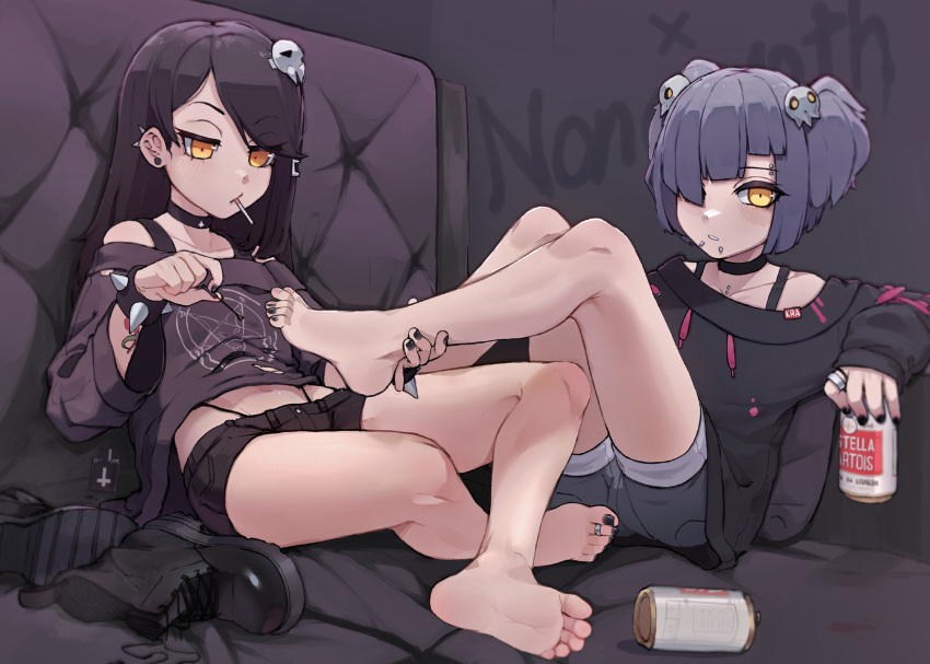 2girls bangs bare_legs barefoot beer_can black_hair black_nails black_shirt black_shorts boots boots_removed borrowed_character bracelet can choker cigarette couch crossed_legs emo_fashion english_commentary eyelashes feet fishnets foot_focus foot_up full_body grey_hair grey_shorts hair_ornament hair_over_one_eye highleg highleg_panties highres holding holding_another's_foot indoors jewelry k-rha's kamiko_(k-rha) knees_up leaning_back legs legwear_removed long_hair long_sleeves looking_at_viewer medium_hair mouth_hold multiple_girls nail_polish necro_nancy_(nona_moth) off-shoulder_shirt off_shoulder original panties parted_lips pedicure pentagram piercing ring shirt short_shorts shorts sitting skull_hair_ornament soles spiked_bracelet spikes stella_artois swept_bangs tattoo thighs toe_ring toenail_polish toenails toes two_side_up underwear yellow_eyes