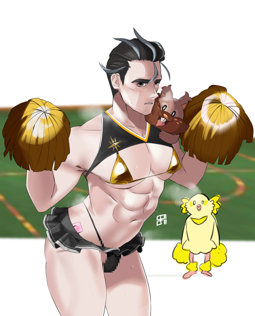 1boy 95_guo abs absurdres bangs bikini black_hair black_shirt black_skirt blush censored cheerleader collarbone commentary_request condom condom_wrapper cowboy_shot cropped_shirt crossdressing greedent grey_hair hands_up highres holding holding_pom_poms korean_commentary large_pectorals larry_(pokemon) male_focus miniskirt mosaic_censoring multicolored_hair oricorio oricorio_(pom-pom) parted_lips pectorals pokemon pokemon_(creature) pokemon_(game) pokemon_sv pom_pom_(cheerleading) shirt short_hair skirt steam streaked_hair sweat swimsuit two-tone_hair yellow_bikini