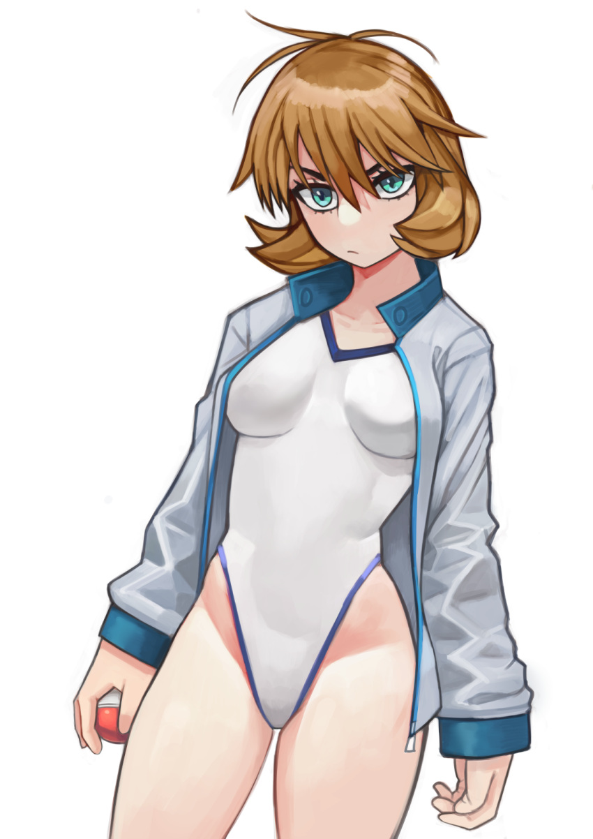 1girl bangs breasts brown_hair closed_mouth commentary_request cowboy_shot eyelashes flipped_hair green_eyes hair_between_eyes highres holding holding_poke_ball jacket long_sleeves michibata_anko misty_(pokemon) one-piece_swimsuit open_clothes open_jacket poke_ball poke_ball_(basic) pokemon pokemon_(game) pokemon_hgss simple_background solo swimsuit white_background white_one-piece_swimsuit zipper_pull_tab