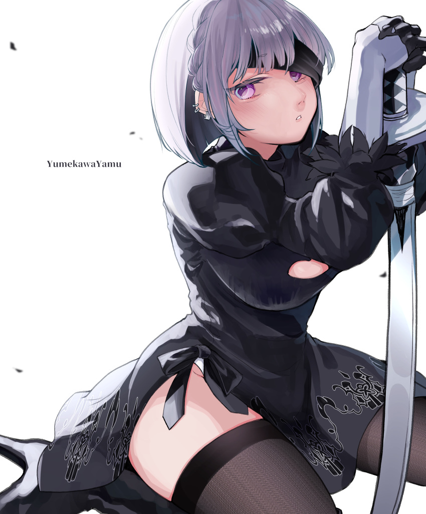 1girl absurdres bangs black_blindfold black_dress black_gloves black_thighhighs blindfold blindfold_lift braid breasts cleavage_cutout clothing_cutout cosplay dress earrings feather-trimmed_sleeves gloves high_heels highres indie_virtual_youtuber jewelry juliet_sleeves katana large_breasts long_sleeves looking_at_viewer nier_(series) parted_lips planted planted_sword puffy_sleeves short_hair sitting solo sword thighhighs virtual_youtuber wariza weapon yorha_no._2_type_b yorha_no._2_type_b_(cosplay) yumekawa_yamu yumekawa_yamu_(artist)