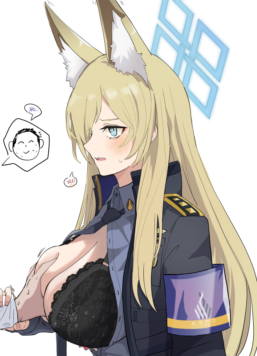 1boy 1girl absurdres animal_ears armband black_bra black_jacket blonde_hair blue_archive blue_eyes bra breast_grab breasts cleavage collared_shirt epaulettes extra_ears grabbing guided_breast_grab guiding_hand hair_over_one_eye halo highres inapple jacket kanna_(blue_archive) lace-trimmed_bra lace_trim large_breasts long_hair open_clothes open_shirt sensei_(blue_archive) sharp_teeth shirt teeth underwear white_background