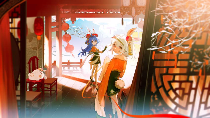 2girls absurdres ahoge architecture artist_request bare_tree bili_girl_22 bili_girl_33 bilibili blue_hair chinese_commentary chinese_new_year commentary_request day east_asian_architecture highres lantern lightning_ahoge long_hair looking_back makeup multiple_girls official_art outdoors paper_lantern red_eyes red_ribbon ribbon second-party_source short_hair siblings side_ponytail sisters smile tree wind