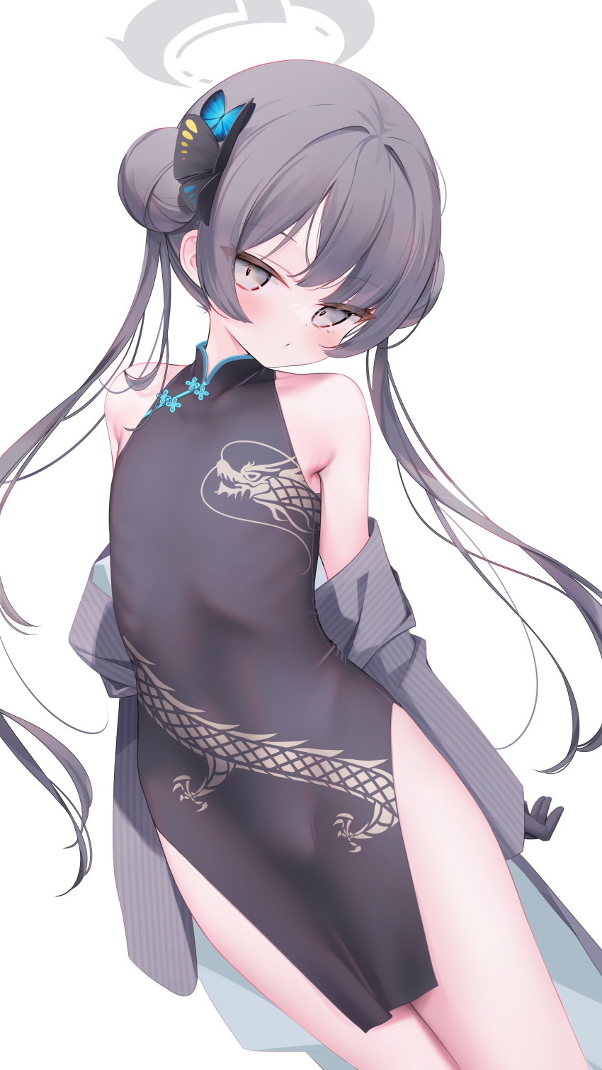 1girl absurdres bangs bare_shoulders black_dress black_gloves black_hair blue_archive blue_eyes braid braided_bun breasts butterfly_hair_ornament chen_bin china_dress chinese_clothes covered_navel double_bun dragon_print dress gloves grey_eyes grey_jacket hair_bun hair_ornament halo highres jacket kisaki_(blue_archive) long_hair looking_at_viewer off_shoulder pelvic_curtain print_dress ribs short_dress side_slit sleeveless sleeveless_dress small_breasts solo striped striped_jacket twintails vertical-striped_jacket vertical_stripes white_background