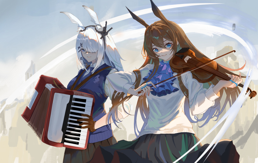 2girls absurdres accordion alternate_costume alternate_hairstyle amiya_(arknights) animal_ear_fluff animal_ears arknights ascot black_skirt blue_ascot blue_eyes blue_necktie blue_sky blue_sweater_vest brown_gloves brown_hair closed_mouth collared_shirt cowboy_shot day frostnova_(arknights) gloves hair_down hair_ornament hair_over_one_eye hairclip highres instrument jewelry lanshan long_hair long_sleeves looking_at_viewer multiple_girls multiple_rings music necktie outdoors playing_instrument rabbit_ears ring scar scar_on_face scar_on_nose shirt skirt sky smile sweater_vest very_long_hair violin white_shirt