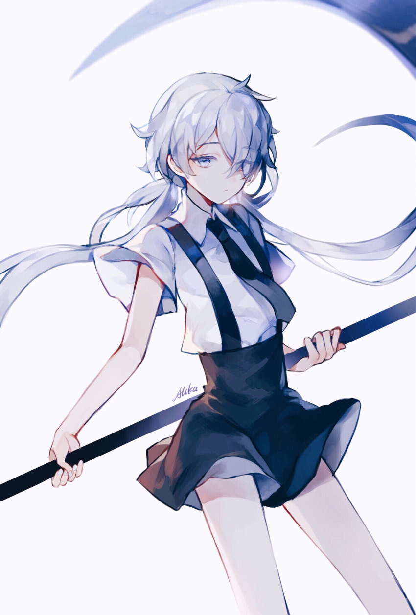 1other alika945 androgynous artist_name black_necktie black_shorts chinese_commentary collared_shirt commentary_request cowboy_shot eyes_visible_through_hair floating_hair ghost_quartz_(houseki_no_kuni) grey_eyes grey_hair hair_over_one_eye highres holding holding_scythe holding_weapon houseki_no_kuni looking_at_viewer low_twintails messy_hair necktie other_focus scythe shirt short_hair short_sleeves shorts shorts_lift signature simple_background solo suspender_shorts suspenders twintails weapon white_background white_shirt wind wind_lift