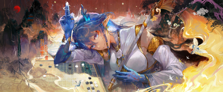 1girl absurdres architecture arknights bird blue_eyes blue_hair blue_horns blue_skin board_game braid chinese_text colored_skin daylightallure dress earrings east_asian_architecture go_(board_game) hair_ornament highres holding holding_staff horns jewelry ling_(arknights) ling_(it_does_wash_the_strings)_(arknights) long_hair long_sleeves looking_at_viewer official_alternate_costume open_mouth pointy_ears ring smile staff tree white_dress wide_sleeves