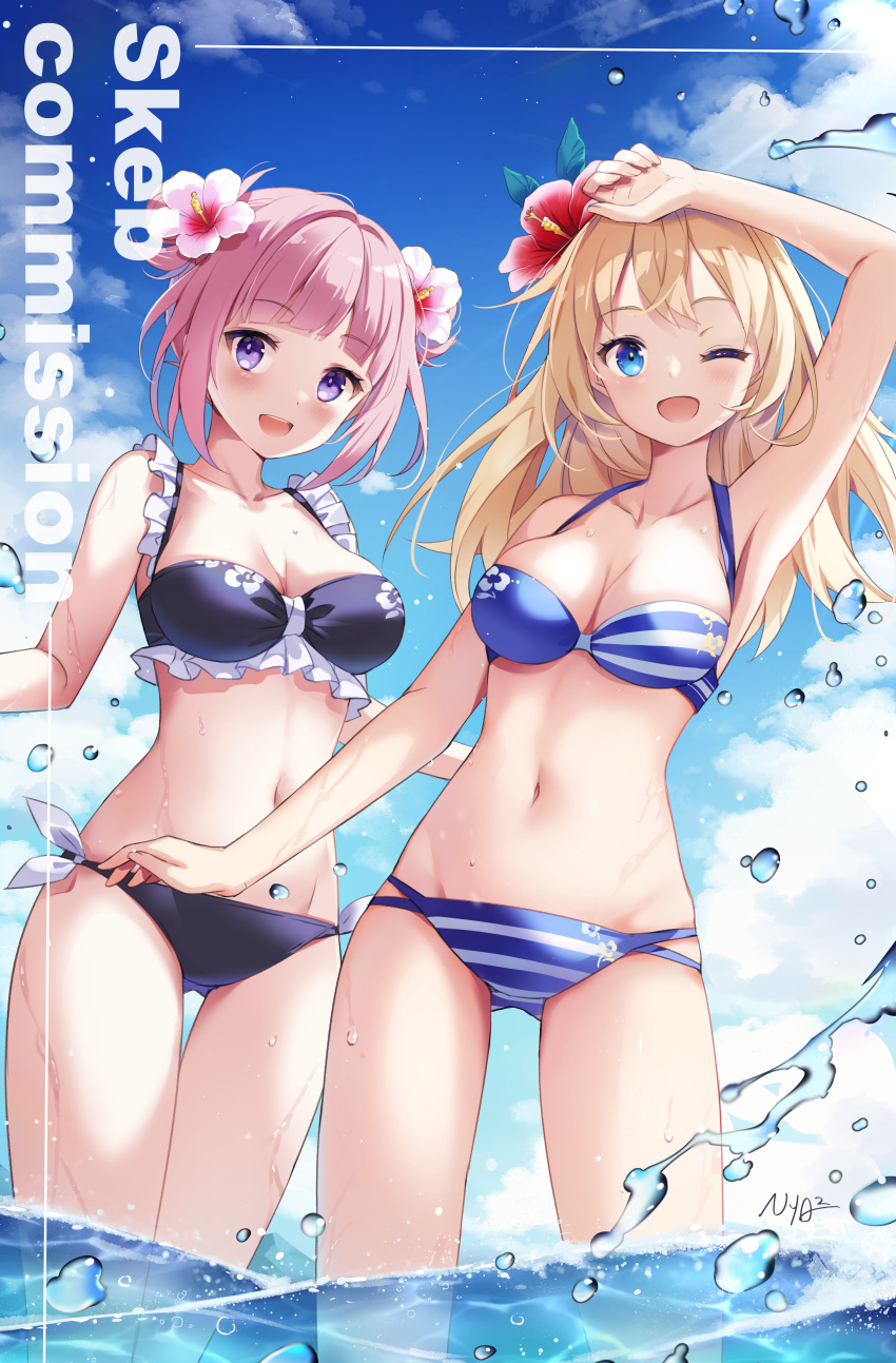 2girls ;d absurdres arm_up armpits ass_visible_through_thighs bare_arms bare_shoulders bikini black_bikini blonde_hair blue_bikini blue_eyes blue_sky breasts cleavage cloud collarbone commentary commission day double_bun english_commentary flower frilled_bikini frills groin hair_bun hair_flower hair_intakes hair_ornament halterneck highres long_hair medium_breasts multiple_girls navel nyanya one_eye_closed original outdoors pink_flower pink_hair purple_eyes red_flower skeb_commission sky smile standing striped striped_bikini swimsuit thigh_gap water watermark