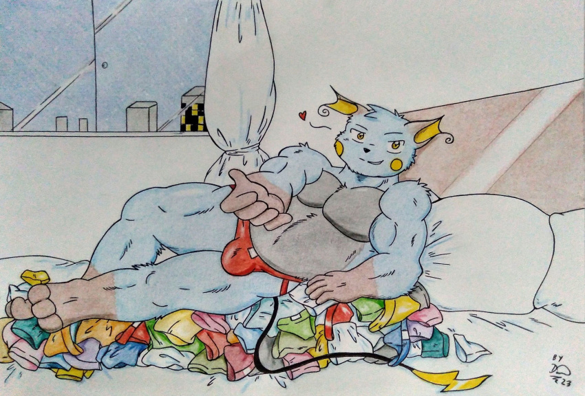 &lt;3 5_fingers anthro bed belly biceps blue_body bulge city_lights clothed clothing dashthefox fingers furniture generation_1_pokemon hi_res inviting inviting_to_fuck inviting_to_sex jockstrap jockstrap_only looking_at_viewer male mammal manly multicolored_body musclegut muscular night nintendo pecs pillow pokemon pokemon_(species) raichu red_clothing red_jockstrap red_underwear rodent solo topless traditional_media_(artwork) underwear underwear_only window window_curtains yellow_eyes