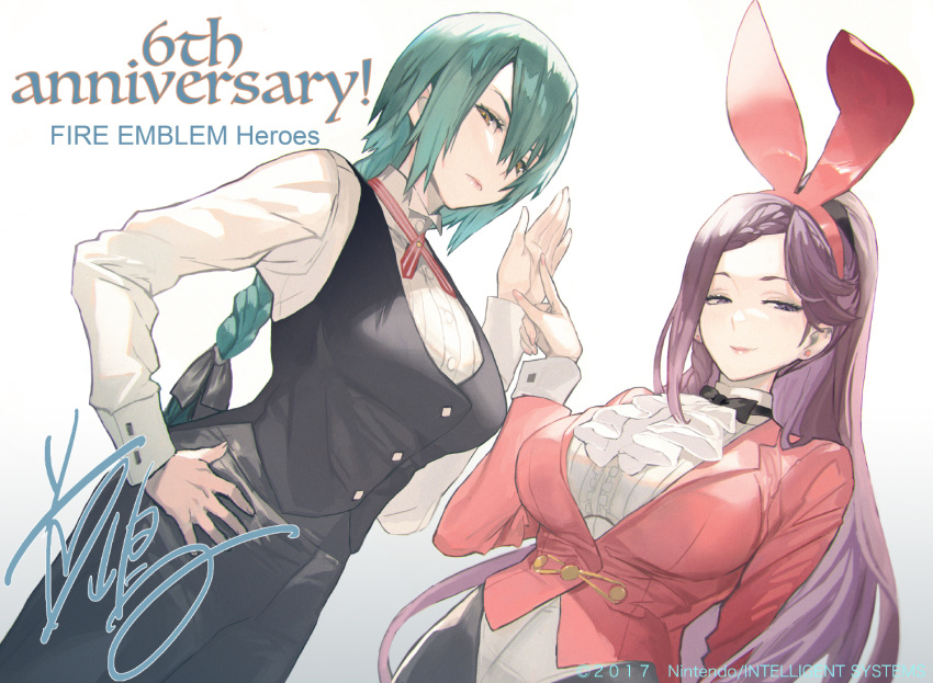 2girls anniversary black_bow black_bowtie black_ribbon black_shirt bow bowtie breasts fire_emblem fire_emblem_heroes green_hair hair_ribbon hand_on_hip hand_up large_breasts loki_(fire_emblem) looking_at_viewer maeshima_shigeki multiple_girls nontraditional_playboy_bunny orange_eyes pink_shirt ponytail purple_eyes purple_hair ribbon shirt siblings sisters thorr_(fire_emblem) undershirt upper_body white_shirt