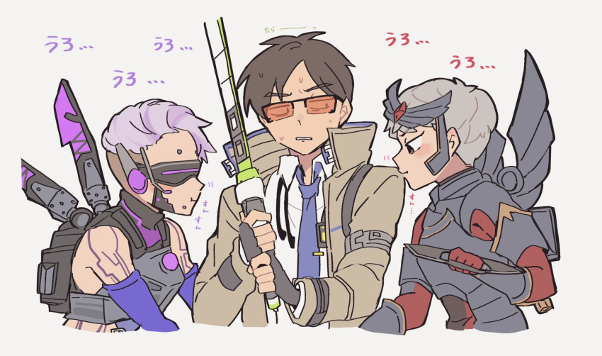 1boy 2girls air_orchid_valkyrie animification apex_legends azure_blessing_valkyrie biwon_blade blue_necktie blush brown_eyes brown_hair brown_jacket collared_shirt crypto_(apex_legends) girl_sandwich grey_background grey_hair head-mounted_display highres holding holding_knife holding_sword holding_weapon inconspicuous_crypto jacket knife looking_down multiple_girls necktie nojima_minami official_alternate_costume parted_hair pout purple_hair sandwiched shirt short_hair simple_background sunglasses sweat sword upper_body valkyrie_(apex_legends) weapon white_shirt