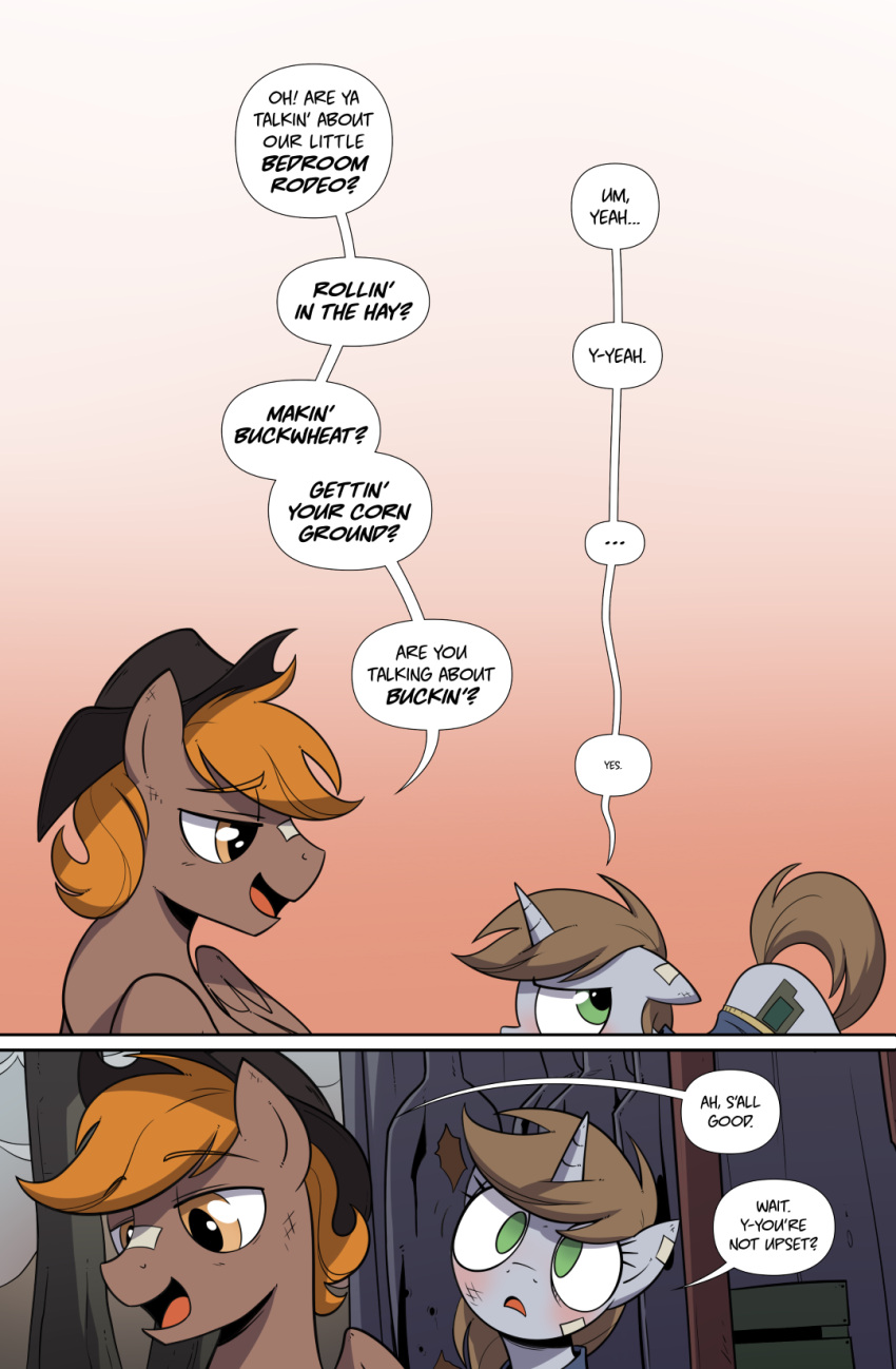 blush calamity_(fallout_equestria) comic dialogue embarrassed english_text equid equine fallout_equestria fan_character female feral hasbro hi_res horn horse innuendo littlepip male mammal my_little_pony pegasus pestil pony speech_bubble text unicorn wings
