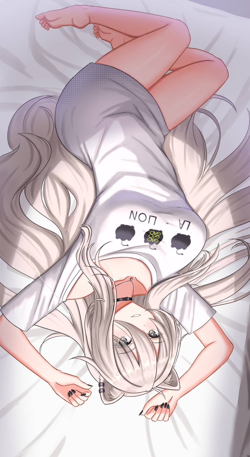1girl absurdres ahoge animal_ears bad_anatomy bad_feet bangs barefoot black_nails breasts commentary ear_piercing elina_(eri15) grey_hair hair_between_eyes hand_up highres hololive large_breasts lion_ears long_hair long_shirt looking_at_viewer no_pants official_alternate_costume official_alternate_hair_length official_alternate_hairstyle on_bed parted_lips piercing shirt shishiro_botan short_sleeves smile solo t-shirt taut_clothes taut_shirt upside-down very_long_hair virtual_youtuber white_shirt