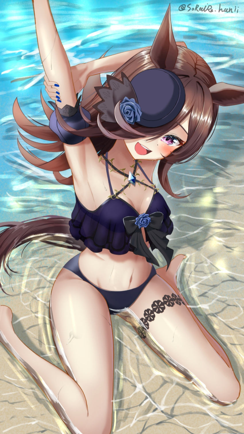 1girl alternate_costume animal_ears armpits arms_up beach black_hair breasts collarbone commentary_request hair_over_one_eye hat highres horse_ears horse_girl long_hair looking_at_viewer nail_polish navel ocean open_mouth rice_shower_(umamusume) seiza sitting small_breasts solo sorairohoney swimsuit umamusume