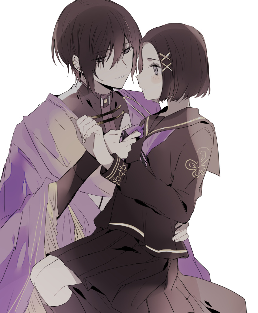 1boy 1girl akitsu_shino_(dairoku) black_hair black_shirt black_skirt black_socks blush cloak dairoku:_ayakashimori hetero highres long_sleeves no_bangs purple_cloak purple_eyes semi_tokitsugu shirt short_hair skirt skunlv socks white_background