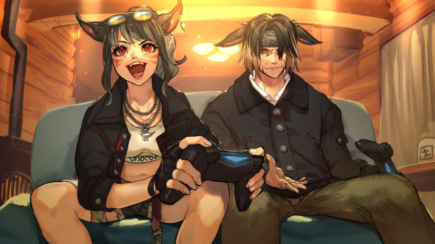 1boy 1girl animal_ears avatar_(ff14) black_gloves black_hair breasts brown_hair cat_ears commission controller cutoffs eyewear_on_head facial_mark facing_viewer fangs final_fantasy final_fantasy_xiv fingerless_gloves game_controller gloves hide_(hideout) highres indoors jacket jewelry long_hair miqo'te multicolored_hair necklace open_clothes open_jacket open_mouth red_eyes short_hair short_shorts shorts sitting skeb_commission slit_pupils small_breasts sunglasses sweatdrop tank_top two-tone_hair whisker_markings yellow_eyes