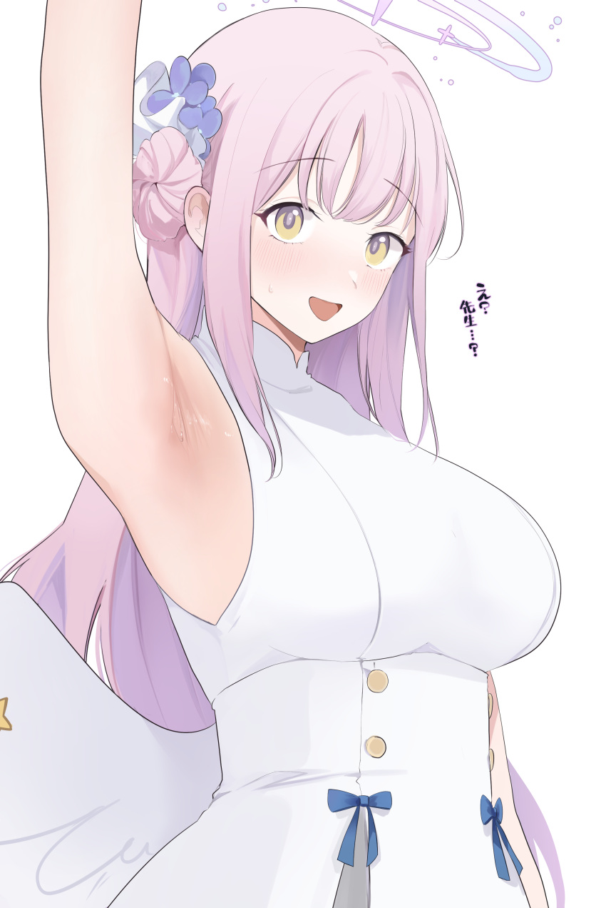 1girl absurdres akito_(d30n26) angel_wings arm_up armpit_focus armpits bangs blue_archive blue_flower blush breasts dress feathered_wings flower frilled_ribbon frills hair_bun hair_flower hair_ornament hair_ribbon halo highres large_breasts long_hair looking_at_viewer low_wings mika_(blue_archive) open_mouth pink_hair presenting presenting_armpit ribbon simple_background single_side_bun sleeveless sleeveless_dress smile solo underbust very_long_hair white_background white_dress white_ribbon wing_ornament wings yellow_eyes
