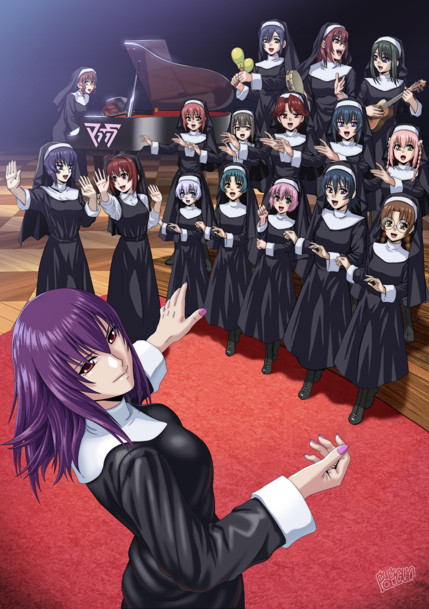 6+girls :d absurdres alternate_costume ayamine_kei black_dress black_hair blue_eyes blue_hair braid breasts brown_eyes dress everyone glasses green_eyes green_hair guitar habit hayase_mitsuki highres holding holding_instrument instrument isumi_michiru jinguuji_marimo kagami_sumika kashiwagi_haruko kazama_touko kouzuki_yuuko looking_at_viewer looking_back maracas medium_breasts mitsurugi_meiya multiple_girls munakata_misae music muvluv muvluv_alternative muvluv_alternative_(anime) nun open_hands open_mouth parody piano pink_hair pink_nails playing_instrument popgun_(22882502) purple_eyes red_eyes red_hair round_eyewear sakaki_chizuru side_braids sister_act smile suzumiya_akane suzumiya_haruka tamase_miki twin_braids usuki_sakura yashiro_kasumi yoroi_mikoto