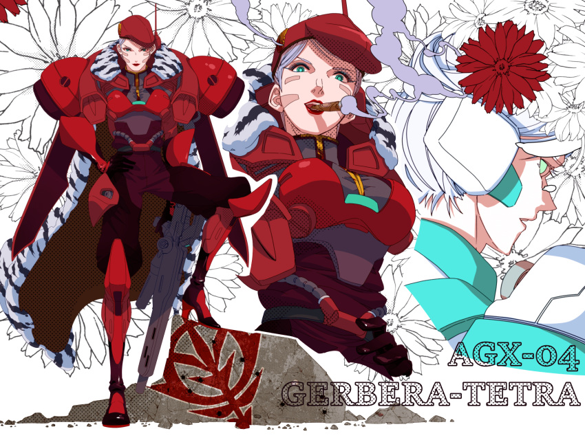 1girl 8823 bodysuit character_name cigar flower gerbera_tetra gloves green_eyes grey_hair gun gundam gundam_0083 gundam_gp-04_gerbera hand_on_hip head_tilt highres holding holding_gun holding_weapon humanization looking_at_viewer mecha_musume multiple_views red_bodysuit red_flower red_gloves short_hair smoke smoking weapon white_flower