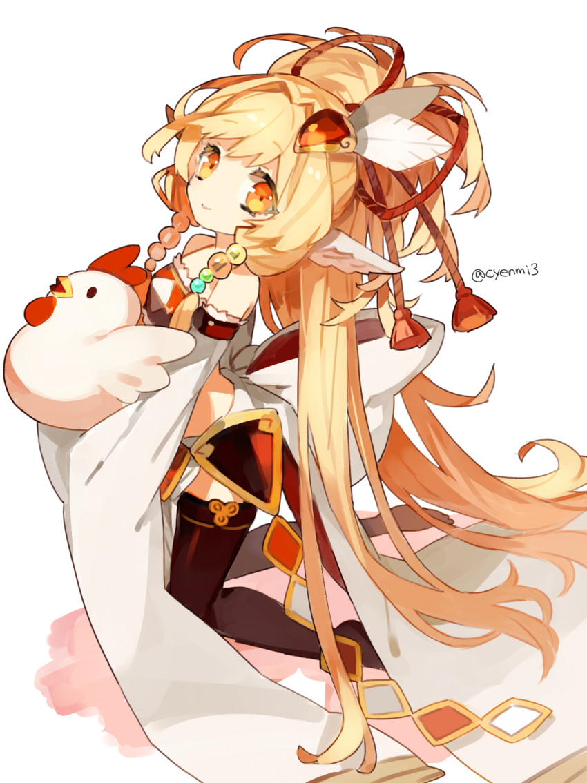 1girl bandeau bare_shoulders beads blonde_hair brown_thighhighs closed_mouth cyenmi3 detached_sleeves granblue_fantasy hair_beads hair_intakes hair_ornament highres holding holding_stuffed_toy kneeling long_hair looking_at_viewer looking_to_the_side mahira_(granblue_fantasy) no_shoes orange_eyes pointy_ears side_slit sidelocks simple_background skirt smile solo stuffed_chicken stuffed_toy thighhighs twitter_username very_long_hair white_background white_skirt