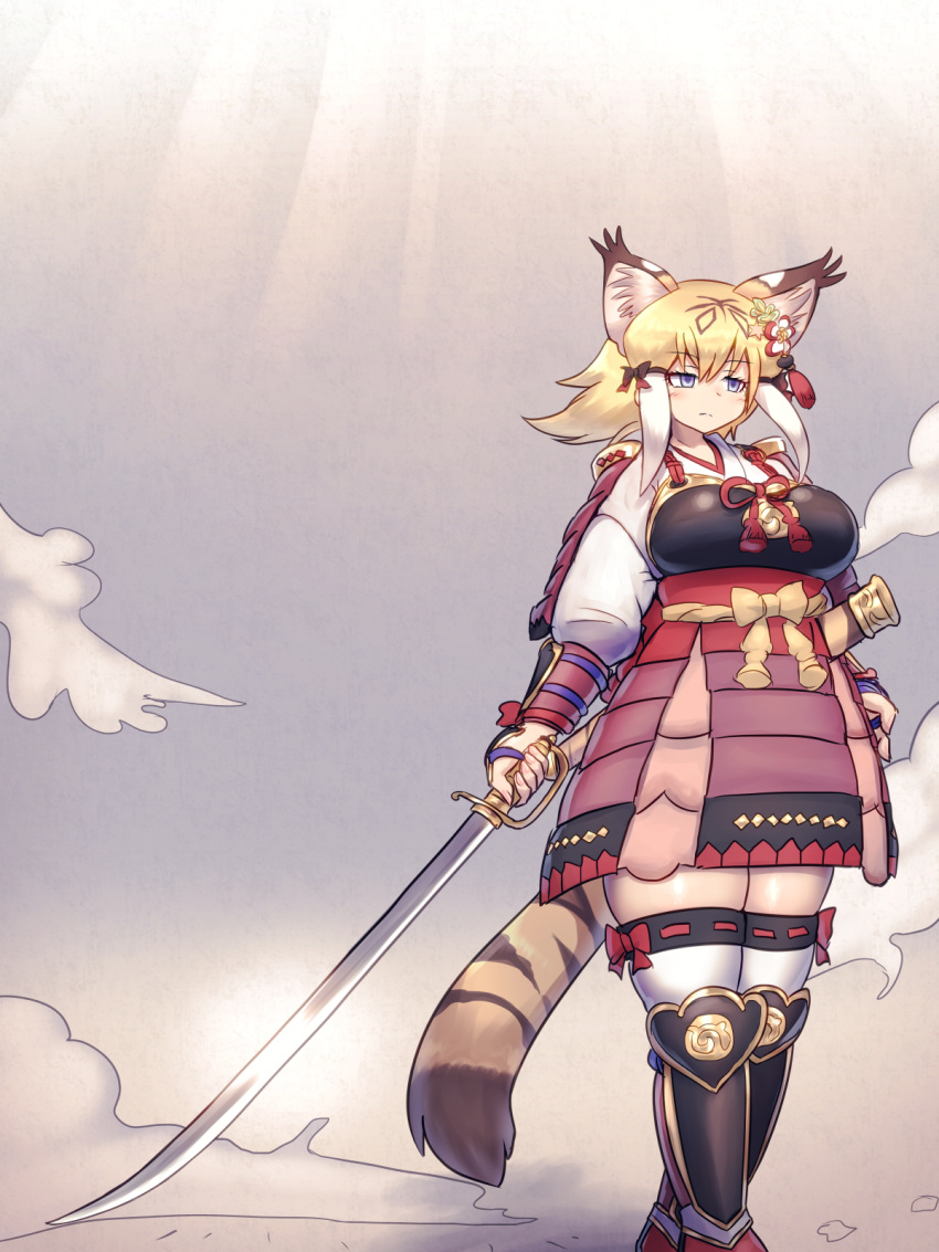 1girl alternate_costume animal_ear_fluff animal_ears armor armored_skirt arms_at_sides blonde_hair blue_eyes bow breasts brown_hair closed_mouth colored_inner_hair day empty_eyes extra_ears feet_out_of_frame highres holding holding_sword holding_weapon japanese_armor japari_symbol kemono_friends large_breasts long_hair long_sleeves mo23 multicolored_hair outdoors saber_(weapon) smilodon_(kemono_friends) solo sword tail thighhighs walking weapon white_hair zettai_ryouiki