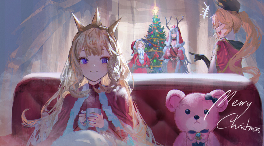 4girls absurdres bangs betabeet black_gloves blonde_hair blue_eyes blush breasts brown_gloves cagliostro_(granblue_fantasy) cape christmas_tree clarisse_(granblue_fantasy) cleavage closed_eyes closed_mouth commentary crown cup dress english_commentary facing_viewer fake_beard fake_facial_hair gloves granblue_fantasy grey_hair hands_on_hips hands_up hat highres holding holding_cup long_hair long_sleeves looking_ahead looking_at_another merry_christmas mireille_(granblue_fantasy) multiple_girls own_hands_together pointing pointing_at_another ponytail purple_hair red_cape red_dress red_headwear red_sweater risette_(granblue_fantasy) santa_hat sidelocks small_breasts smile stuffed_animal stuffed_toy sweater teddy_bear upper_body very_long_hair