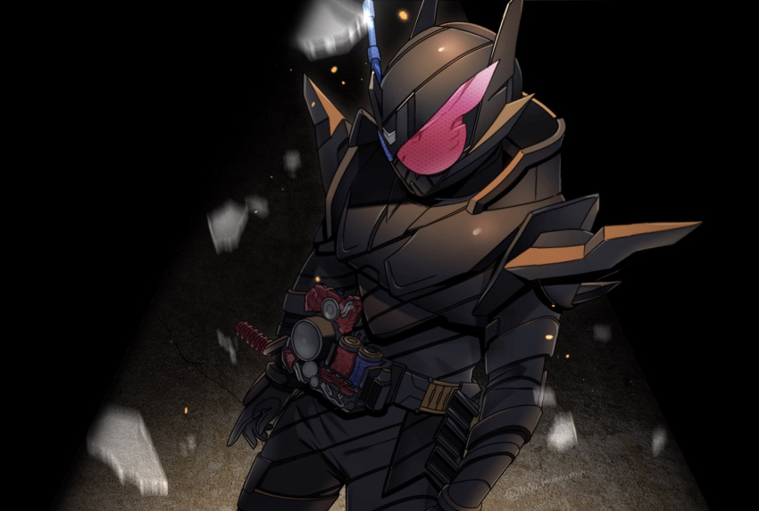 1010_mumumu armor belt black_armor black_bodysuit blue_eyes bodysuit build_driver compound_eyes debris driver_(kamen_rider) fullbottle hazard_trigger helmet kamen_rider kamen_rider_build kamen_rider_build_(series) rabbit+tank_form_(black_hazard) red_eyes rider_belt shoulder_armor signature spiked_armor spikes