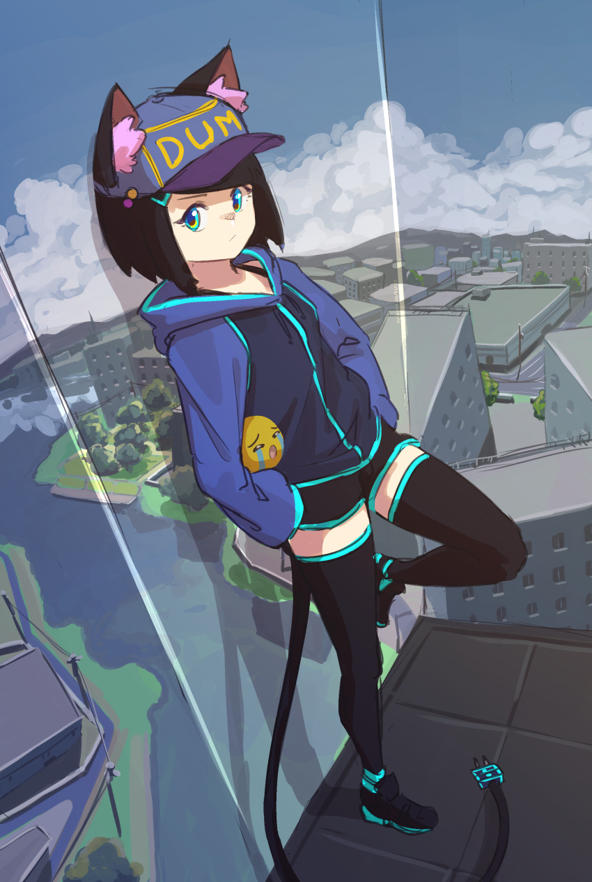 1girl absurdres animal_ears aqua_eyes black_footwear black_hair black_thighhighs cat_ears city closed_mouth day ears_through_headwear emoji haqu_(suweeka) hat highres hood hoodie meme original short_shorts shorts sleeves_past_wrists solo standing standing_on_one_leg suweeka tail thighhighs uohhhhhhhhh!_(meme) window