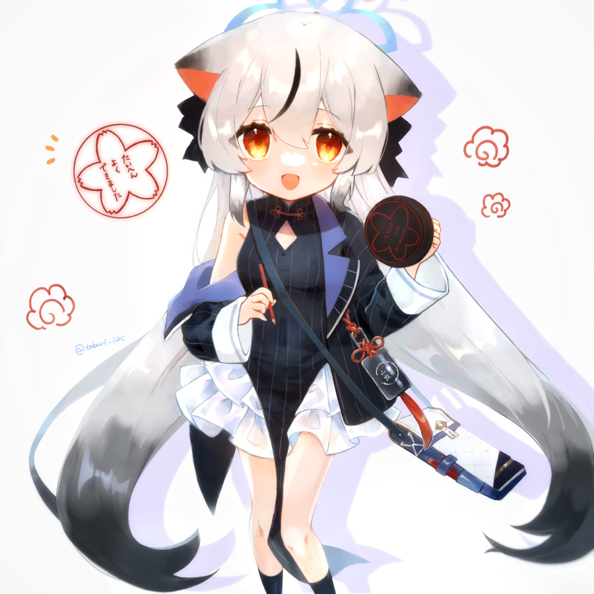 1girl animal_ears bag black_dress black_hair black_jacket blue_archive blush commentary_request dress feet_out_of_frame frilled_skirt frills grey_hair halo highres holding holding_pencil ink_stamp jacket kokona_(blue_archive) long_hair looking_at_viewer multicolored_hair off_shoulder open_clothes open_jacket open_mouth orange_eyes pelvic_curtain pencil shoulder_bag single_bare_shoulder skirt smile solo stamp_mark streaked_hair striped striped_dress striped_jacket tiger_ears tiger_girl tobari_ichi vertical-striped_dress vertical-striped_jacket vertical_stripes very_long_hair