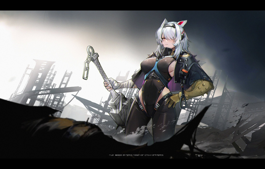 1girl animal_ears arknights artist_name bandaged_arm bandages black_hairband black_jacket black_leotard black_thighhighs breasts closed_mouth commentary construction_site copyright_name covered_navel dated expressionless feet_out_of_frame gloves grey_hair hair_between_eyes hair_over_one_eye hairband hand_on_hip highleg highleg_leotard highres holding holding_sword holding_weapon jacket jia_redian_ruzi_ruzi large_breasts leotard letterboxed looking_at_viewer medium_hair mole mole_under_mouth mouse_ears mouse_girl official_alternate_costume open_clothes open_jacket orange_eyes scavenger_(arknights) scavenger_(survive)_(arknights) sideboob single_glove solo spiked_armor standing sword thighhighs weapon wrist_wrap yellow_gloves