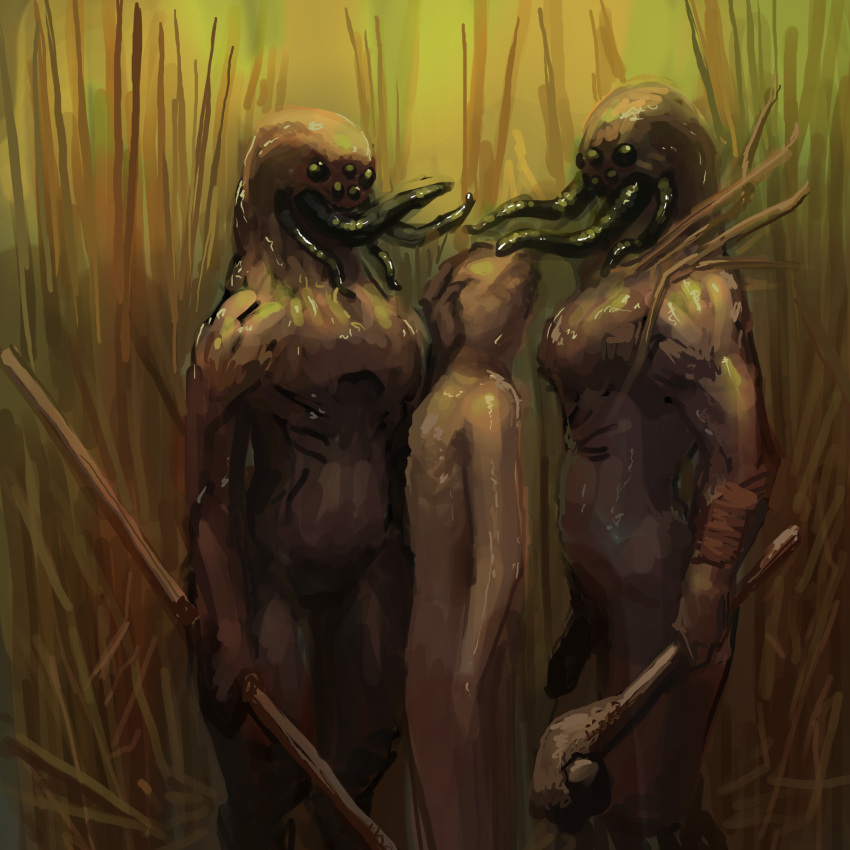 club_(weapon) female genitals grass group hand_on_face hi_res holding_club holding_melee_weapon holding_object holding_staff holding_weapon human humanoid interspecies male male/female male/male mammal meandraco melee_weapon monster multi_eye nude penis plant size_difference staff tentacles teratophilia trio weapon