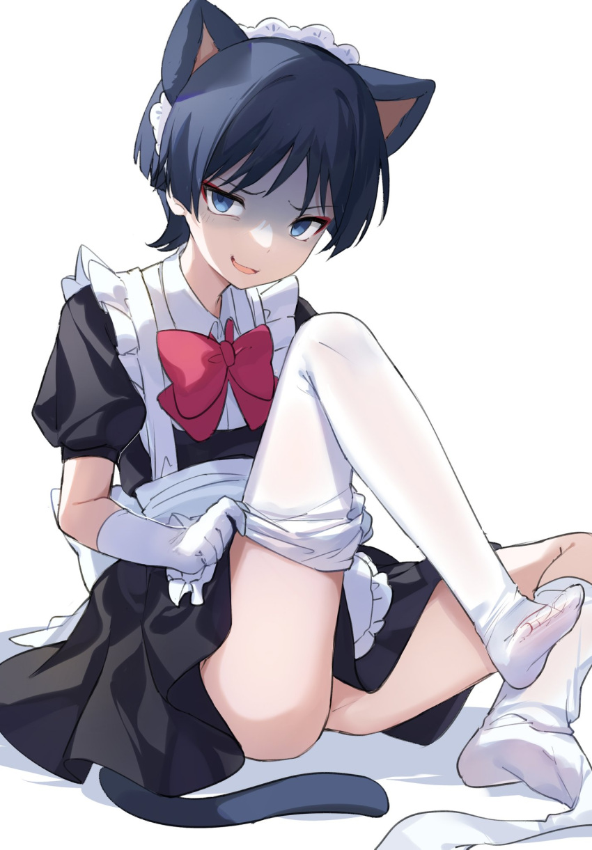 adjusting_clothes adjusting_legwear alternate_costume animal_ears apron bangs black_dress black_hair blue_eyes bow bowtie cat_ears crossdressing dress eyeshadow fake_animal_ears fake_tail frilled_apron frills genshin_impact gloves highres looking_at_viewer maid_headdress makeup otoko_no_ko red_bow red_bowtie red_eyeshadow scaramouche_(genshin_impact) shaded_face short_sleeves simple_background sitting solo ta_nuki tail thighhighs white_apron white_background white_gloves white_thighhighs