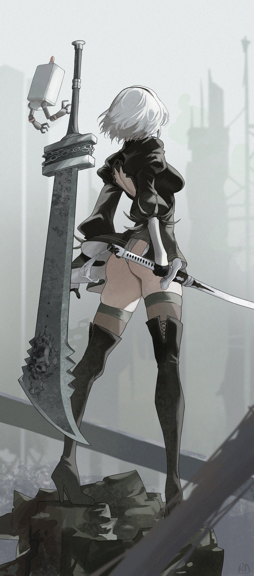 1girl absurdres ass back_cutout black_dress black_hairband boots breasts clothing_cutout dress feather-trimmed_sleeves feather_trim gloves grey_hair hairband high_heel_boots high_heels highleg highleg_leotard highres juliet_sleeves katana leather leather_boots leotard long_sleeves medium_breasts nier_(series) nier_automata pod_(nier_automata) puffy_sleeves robot ryudraw sword thigh_boots thighhighs thighhighs_under_boots thong_leotard two-sided_dress two-sided_fabric vambraces weapon white_hair white_leotard yorha_no._2_type_b