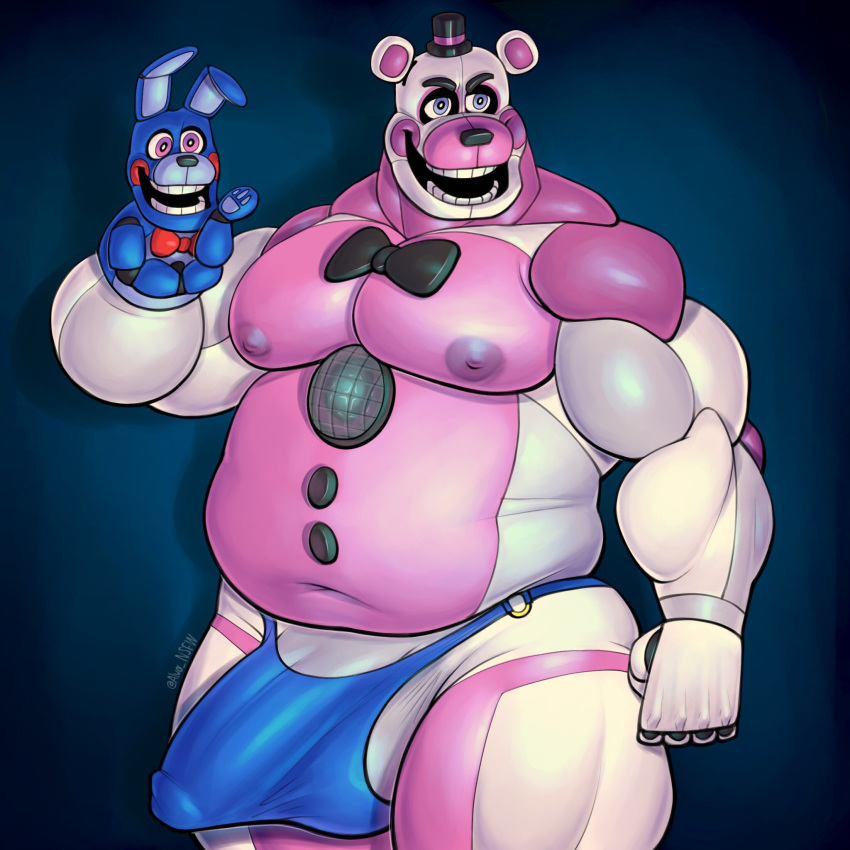 2023 alva_nsfw animatronic anthro barazoku bear belly biceps big_belly big_bulge big_muscles big_pecs blue_background blush bow_tie bulge clothed clothing deltoids erection erection_under_clothing eyebrows five_nights_at_freddy's funtime_freddy_(fnafsl) hat headgear headwear hi_res huge_bulge huge_muscles huge_thighs lagomorph leporid love_handles machine male mammal musclegut muscular muscular_anthro muscular_male navel nipples open_mouth open_smile overweight overweight_anthro overweight_male pecs puppet puppet_bonnie_(fnafsl) rabbit robot scottgames shadow signature simple_background sister_location smile solo speaker standing teeth tenting thick_thighs thong top_hat topless topless_anthro topless_male underwear