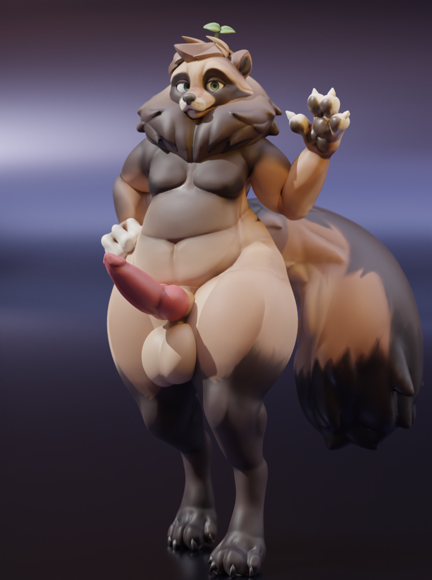 2022 3d_(artwork) absurd_res animal_genitalia anthro balls big_balls big_tail blender_(software) canid canine digital_media_(artwork) efoav erection genitals hi_res knot male mammal miha_(efoav) neck_tuft nude overweight overweight_male penis raccoon_dog sheath slightly_chubby solo tail tanuki thick_thighs tuft