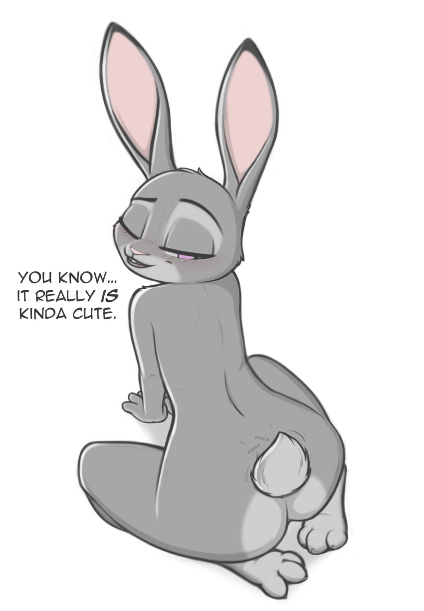 all_fours anus barely_visible_anus blush butt dialogue disney feet female fluffytuft hi_res judy_hopps looking_back mammal nude smile solo zootopia